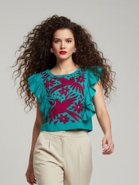 Mexican Embroidered Hummingbird Crop Top Teal Pink Boho Ruffle Sleeve S